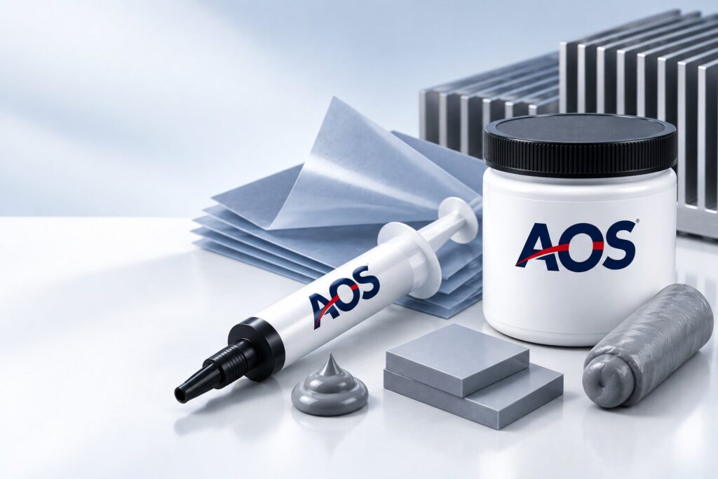 AOS thermal grease syringe, Micro-Faze film sheets, Sure-Form jar, pads and putty with a heatsink