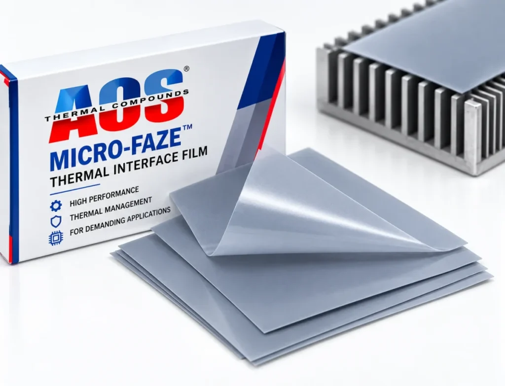 AOS Micro-Faze thermal interface film box and sheets with a heatsink