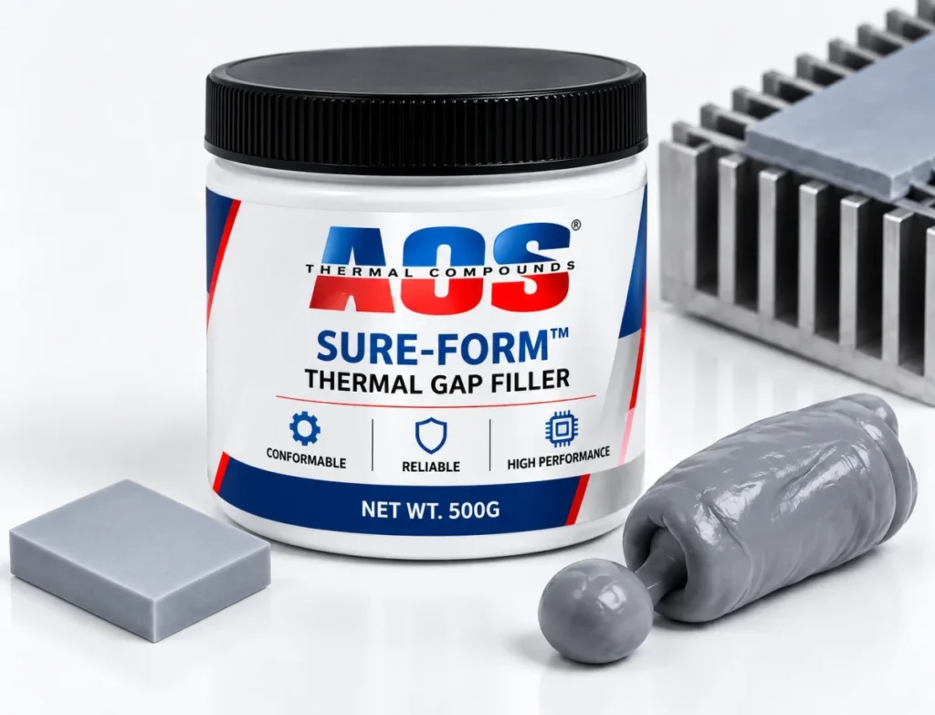AOS Sure-Form thermal gap filler jar with pad, putty and a heatsink